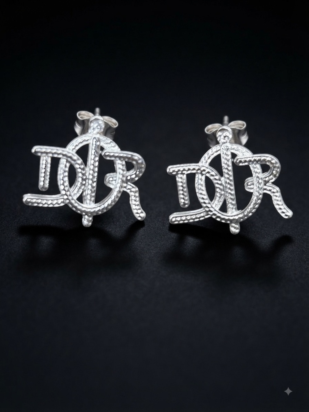 Silver Tone Lettered Rope-Texture Stud Earrings